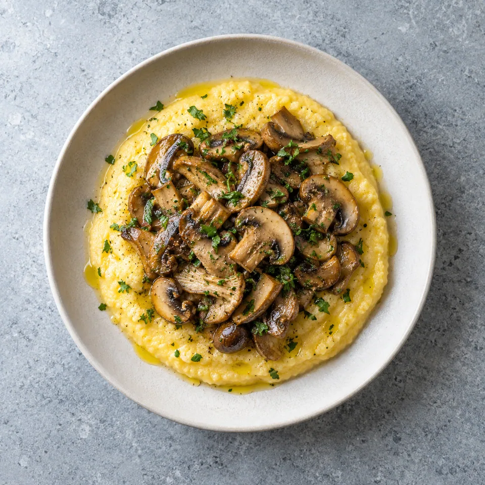 Assiette de polenta crémeuse jaune pâle garnie de champignons émincés dorés et parsemée de persil vert frais.