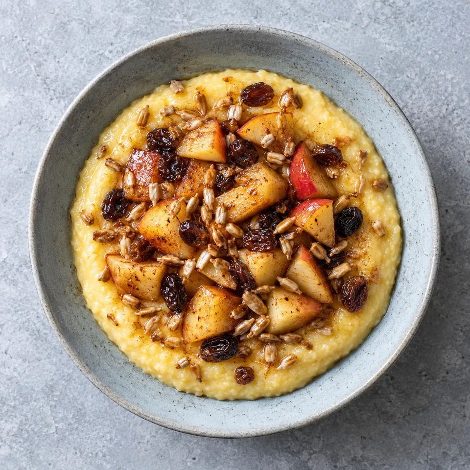 Polenta crémeuse aux pommes et à la cannelle dans une assiette creuse bleu-gris, garnie de pommes fondantes et graines dorées.