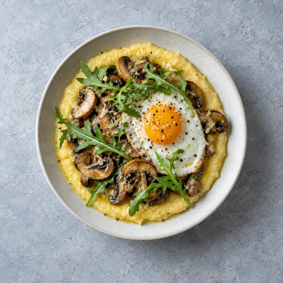 Polenta crémeuse garnie de champignons émincés, d’un œuf cuit et de feuilles de roquette.