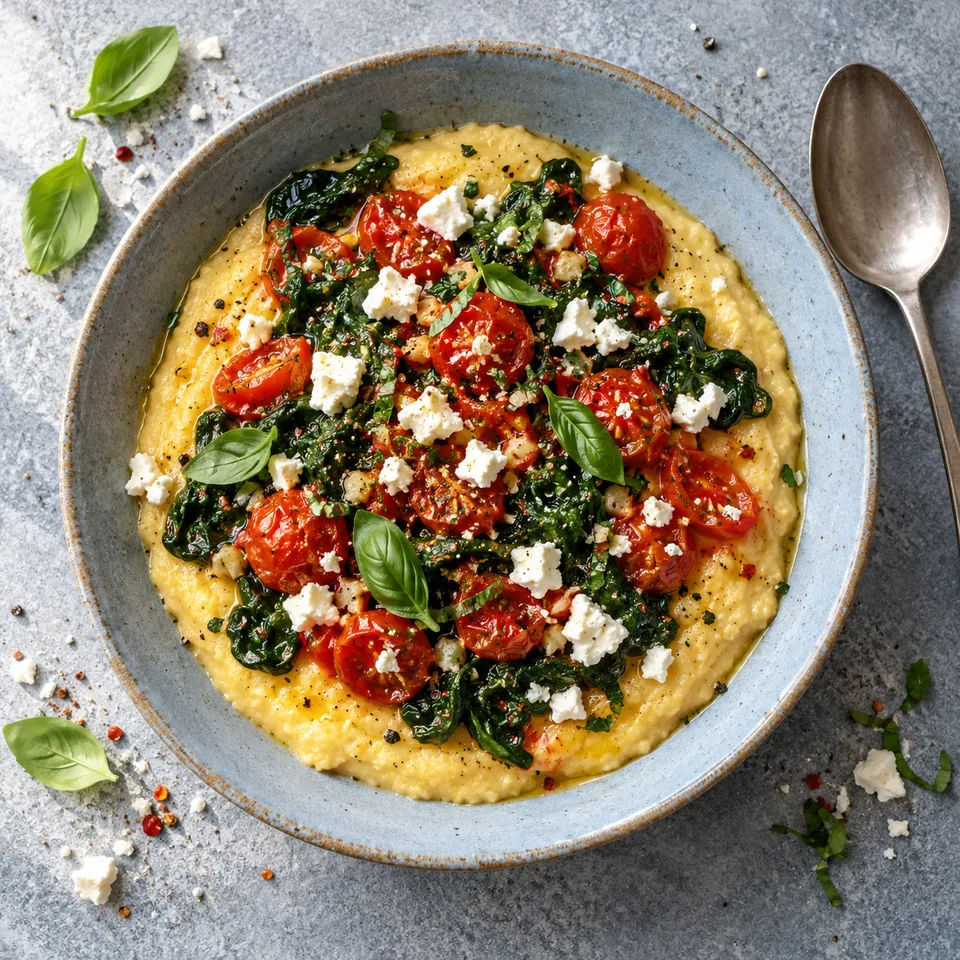 Assiette de polenta crémeuse aux épinards et tomates, parsemée de feta.
