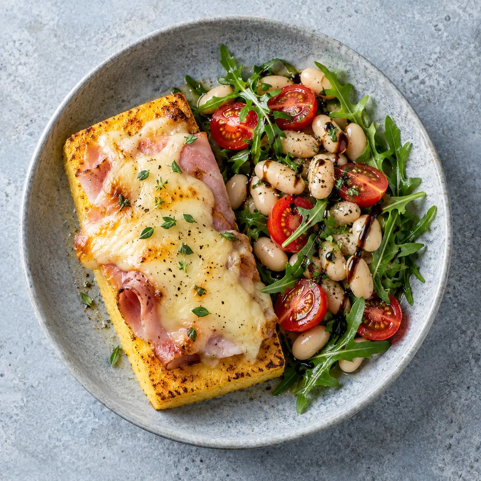 Polenta grillée au jambon et emmental avec salade de haricots et tomates sur assiette bleue.