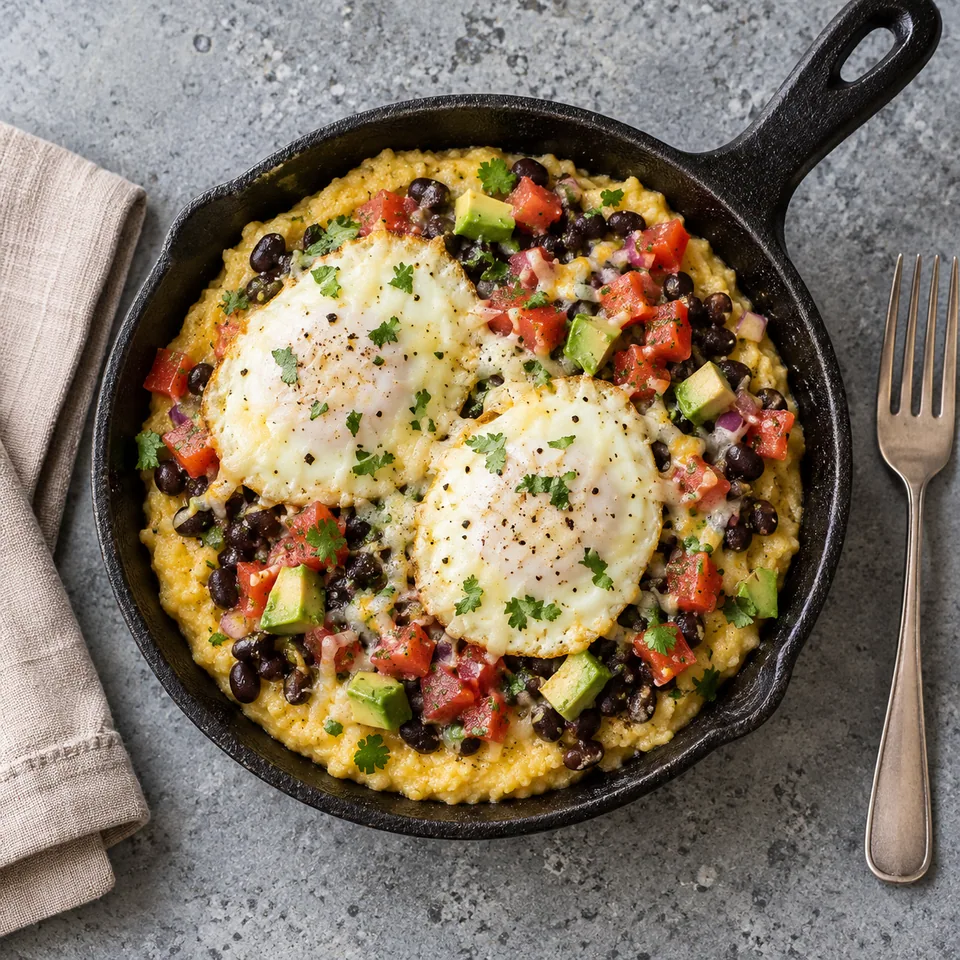 Polenta aux haricots noirs et salsa dans un petit poêlon, garnie de deux œufs au plat bien cuits.