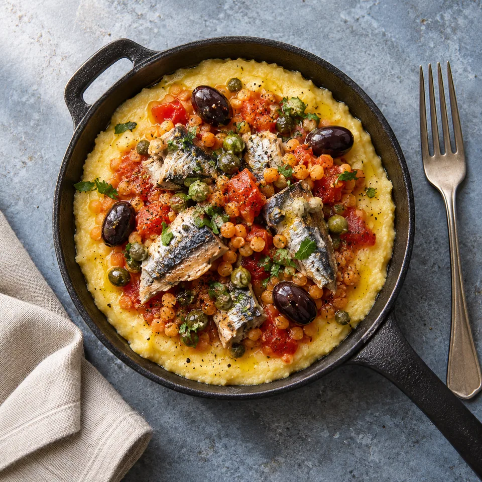 Polenta minute aux sardines et lentilles dans un petit poêlon en fonte noire, garnie de tomates et olives.