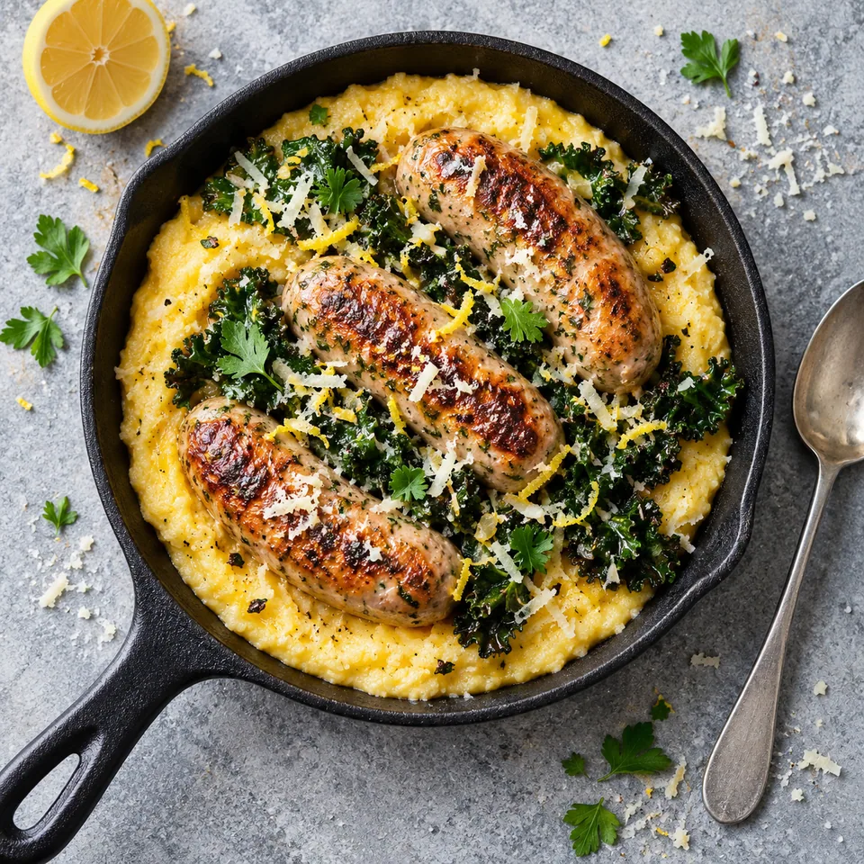 Polenta minute, poulet façon saucisse et kale dans un petit poêlon en fonte noire