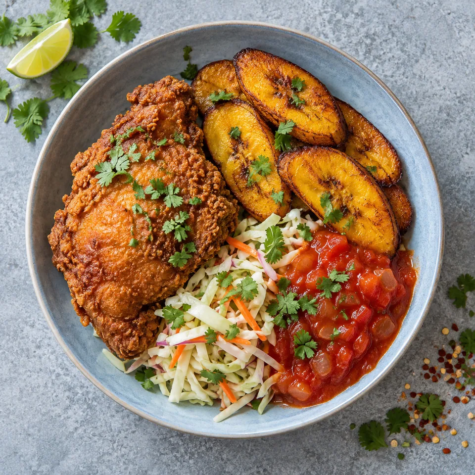 Assiette de poulet pané croustillant avec plantain, chou blanc et coulis de tomate.
