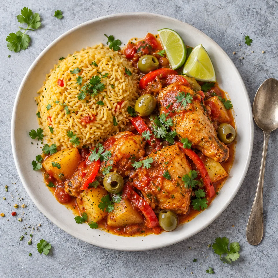 Assiette de pollo guisado portoricain : riz en dôme, poulet, pommes de terre, olives et sauce tomate.