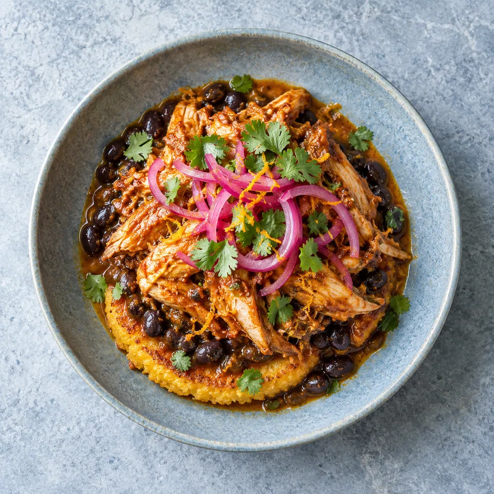 Pollo pibil : poulet effiloché, polenta dorée et haricots noirs sur assiette bleue, garnis d'oignons rouges et coriandre.