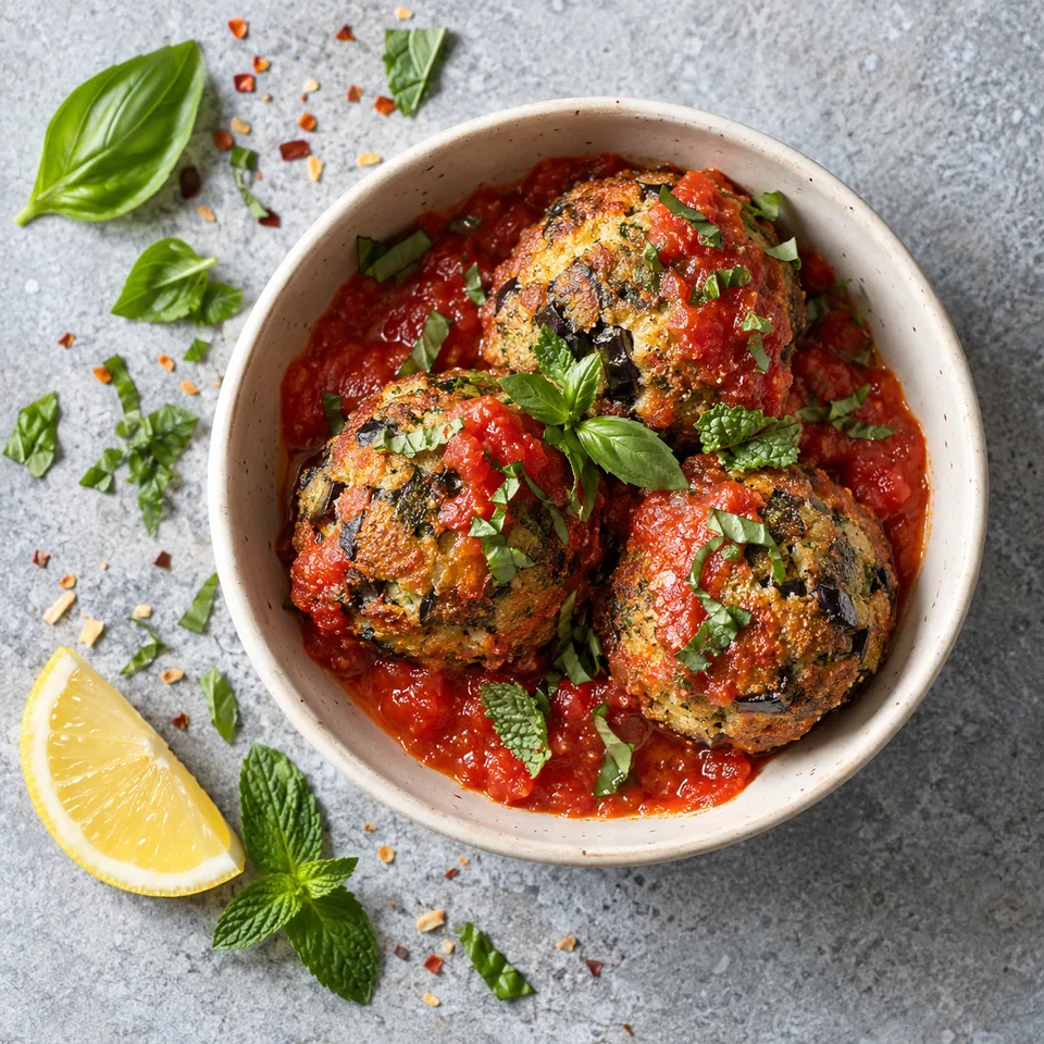 Trois polpette di melanzane dorées avec coulis de tomate et herbes dans un bol blanc cassé.