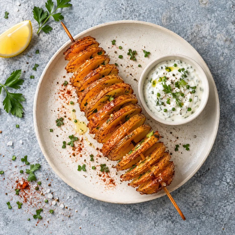 Pomme de terre tornade au paprika dorée sur brochette avec sauce yaourt et ciboulette.