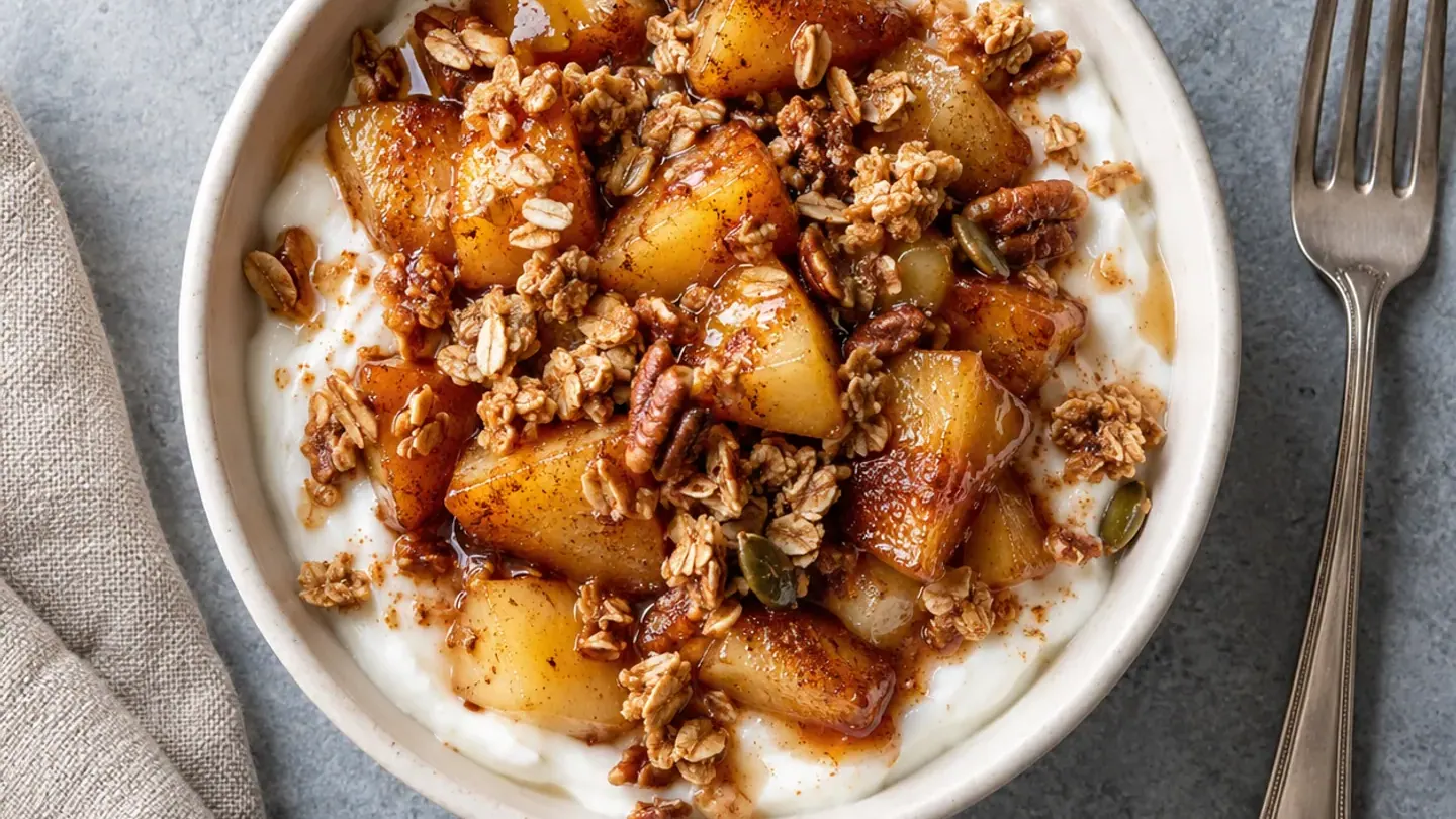 Pommes caramélisées à la cannelle, skyr et granola