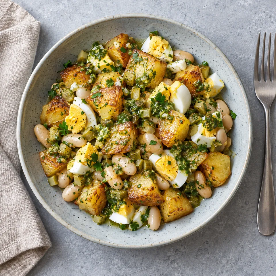 Assiette de pommes de terre dorées, haricots blancs et œufs durs, nappés d'une sauce verte au persil.
