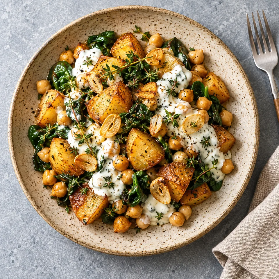 Assiette de pommes de terre dorées, pois chiches et épinards nappés de sauce au fromage blanc et thym.