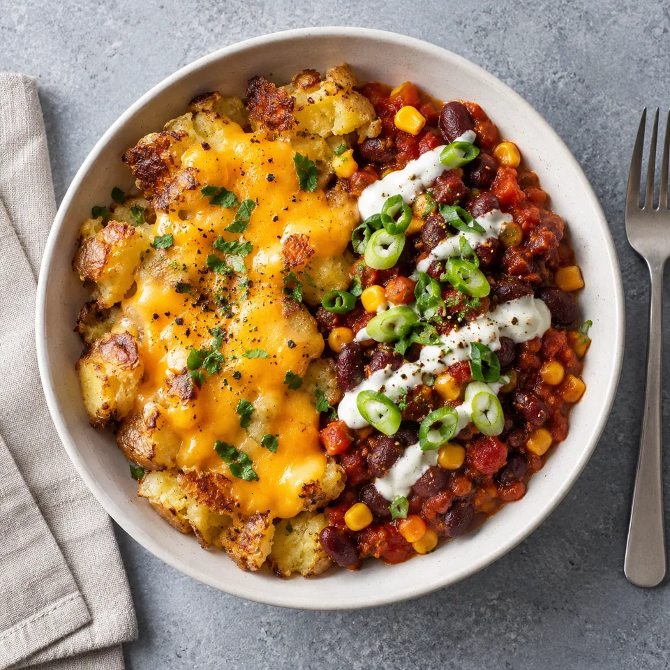 Pommes de terre écrasées au cheddar fondu avec chili aux haricots rouges et yaourt grec dans un bol blanc.