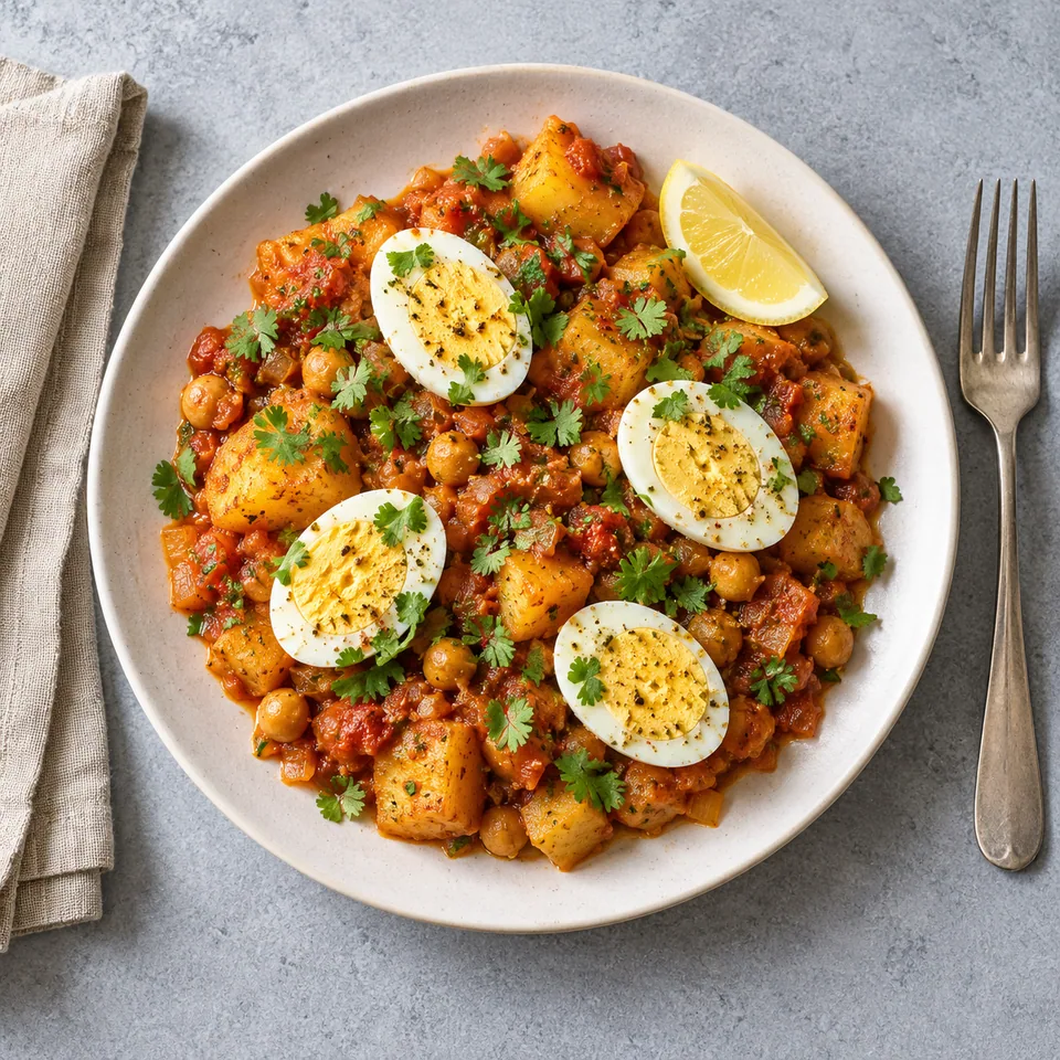 Assiette de pommes de terre et œufs durs au masala, sauce tomate, pois chiches, coriandre et citron.