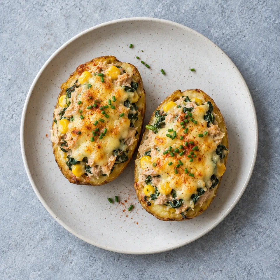 Pommes de terre farcies au thon, garnies de thon, épinards, maïs et fromage fondu, parsemées de ciboulette.