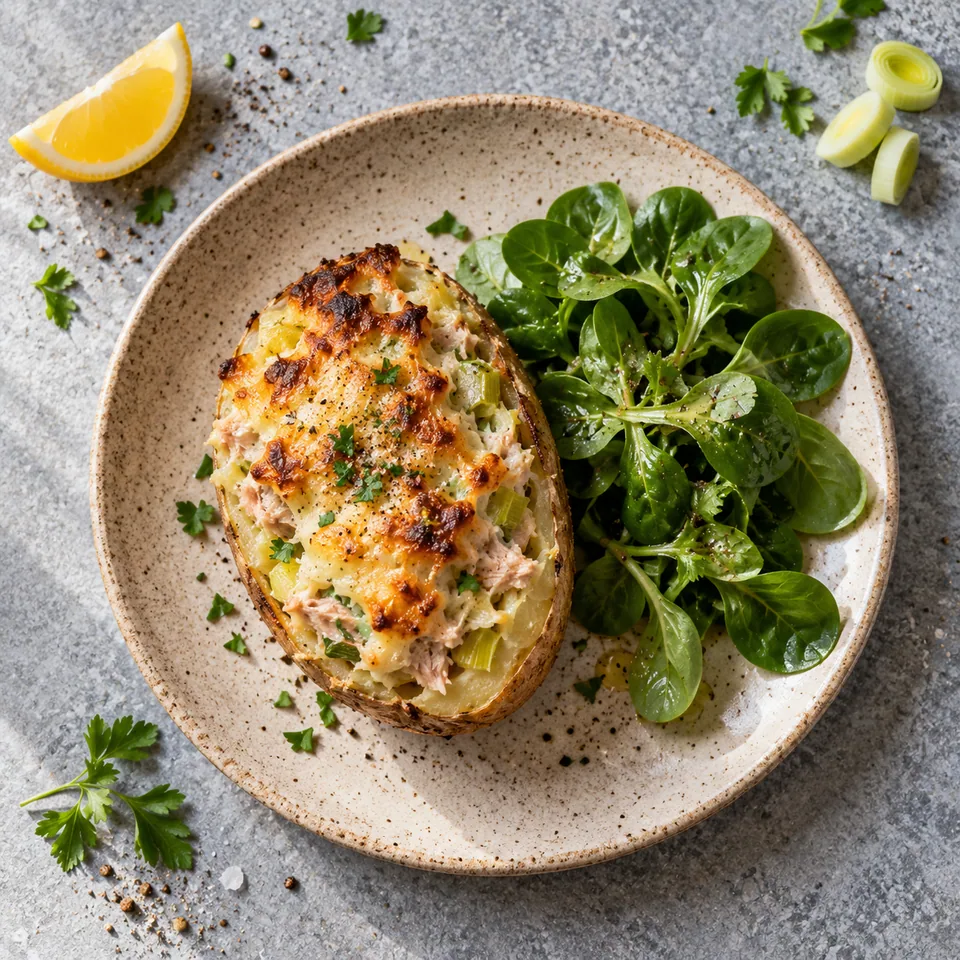 Pomme de terre farcie au thon et poireaux, gratinée dorée, servie avec de la mâche fraîche sur une assiette beige mouchetée.