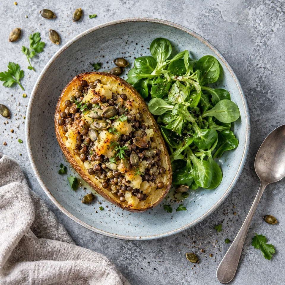 Pommes de terre farcies aux lentilles : une moitié dorée avec graines de courge et mâche verte sur assiette bleue.