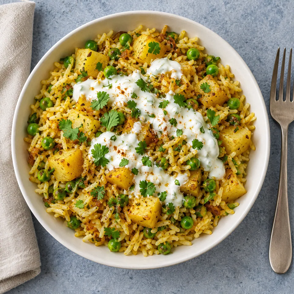 Bol de riz aux épices aux dés de pommes de terre et petits pois, nappé de yaourt blanc.