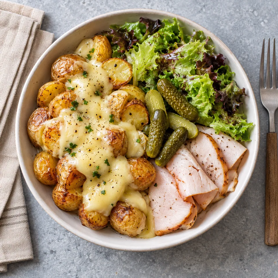 Bol de pommes de terre raclette gratinées avec dinde, cornichons et salade verte.