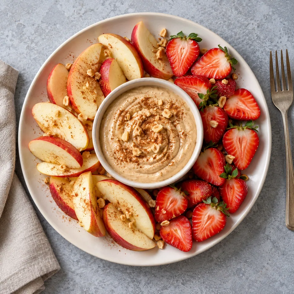 Pommes et fraises avec dip skyr-cacahuète : quartiers de pomme et demi-fraises disposés autour d'un bol de dip beige.