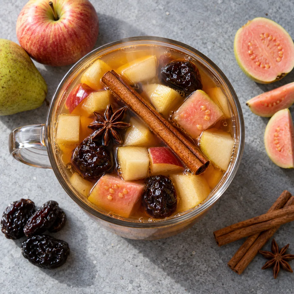 Ponche navideño aux fruits et cannelle dans un grand verre transparent, avec dés de fruits fondants et pruneaux.