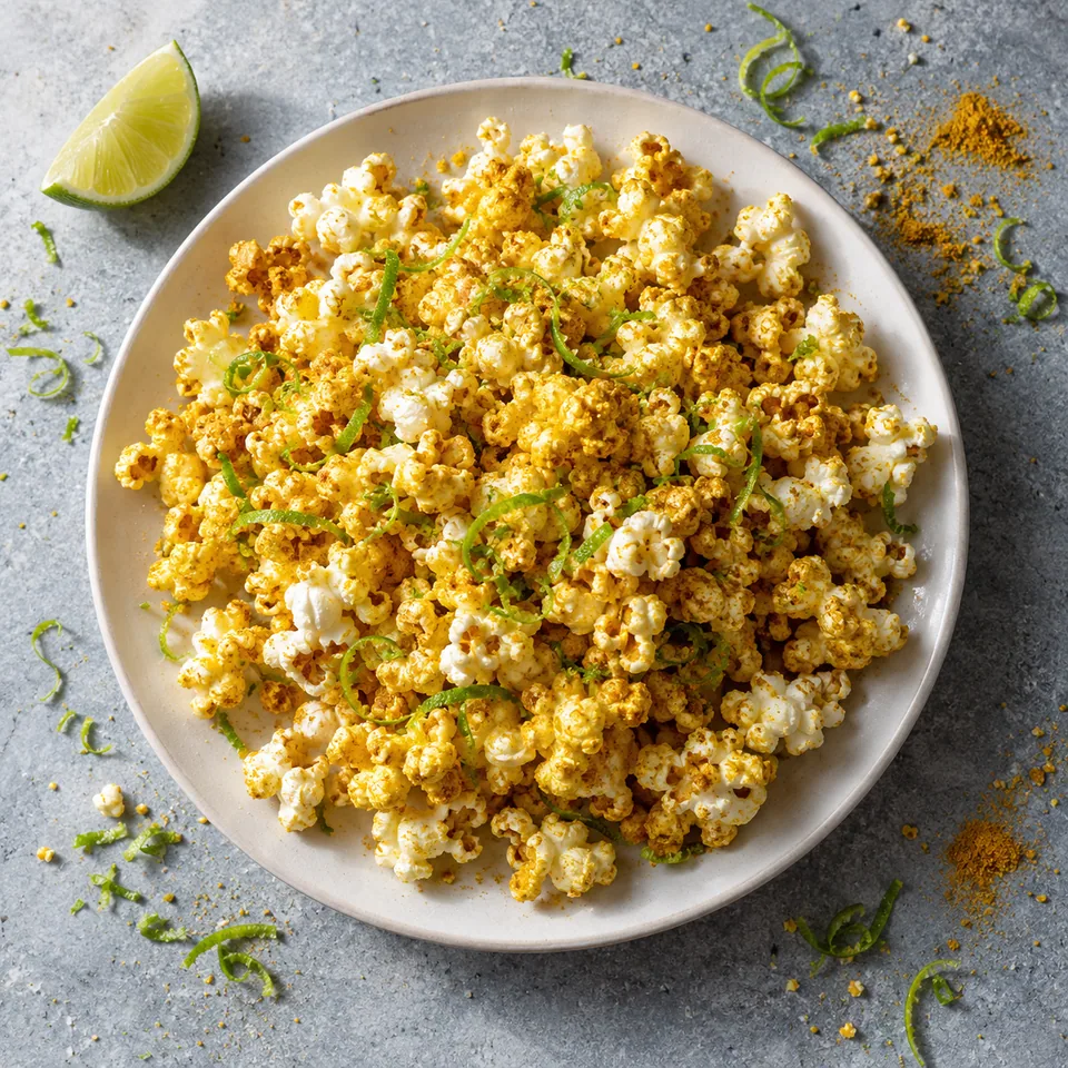 Pop-corn au curry et au citron vert : une portion de maïs éclaté doré parsemé de zestes verts vifs sur une assiette blanche mate.