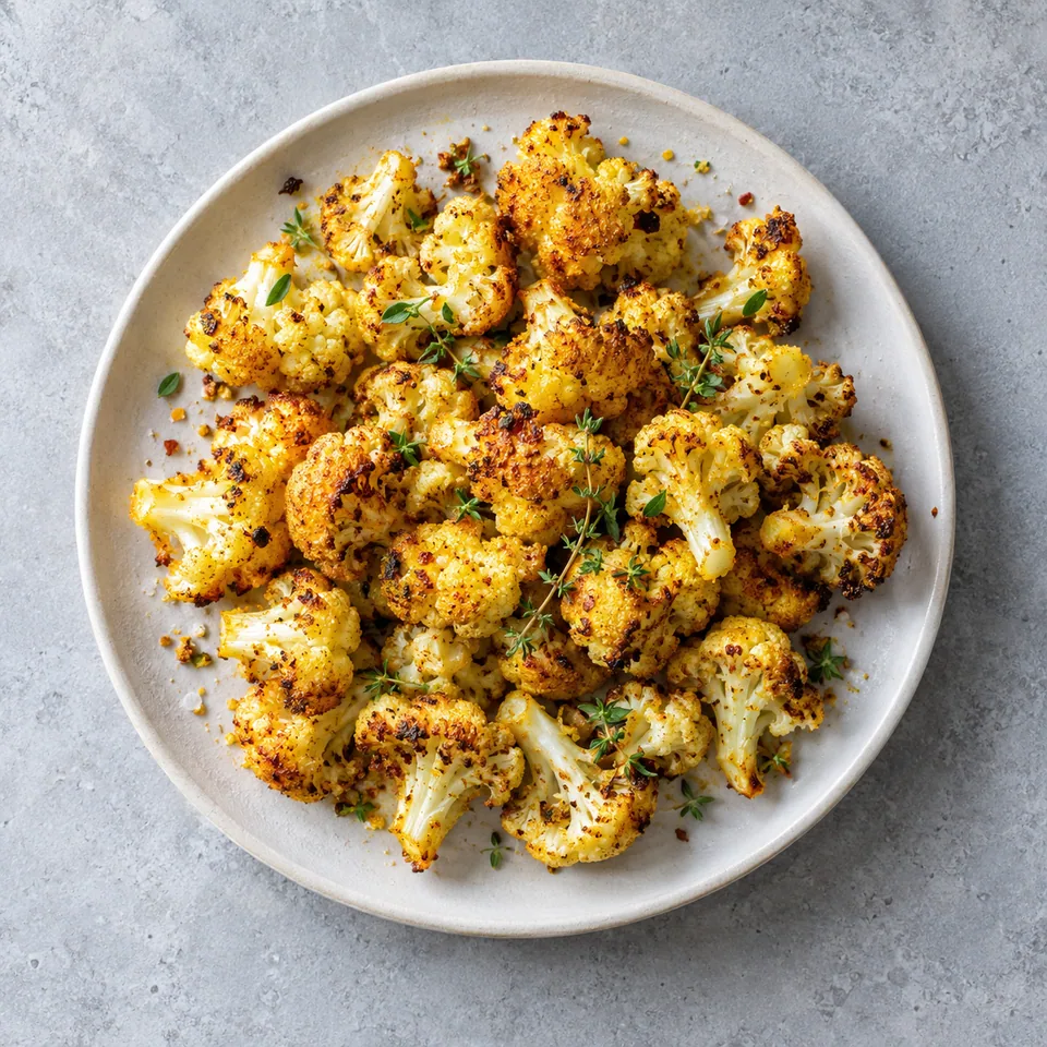 Pop-corn de chou-fleur épicé : bouquets dorés et croustillants au curcuma et thym, servis en portion sur une assiette.