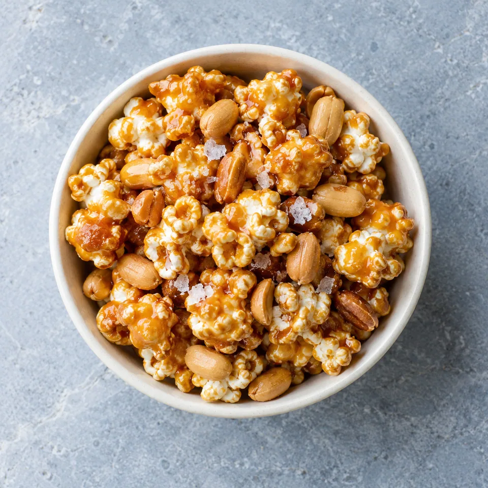 Popcorn au caramel d’érable et cacahuètes dans un petit bol blanc cassé, grains dorés et brillants, éclats de sel.