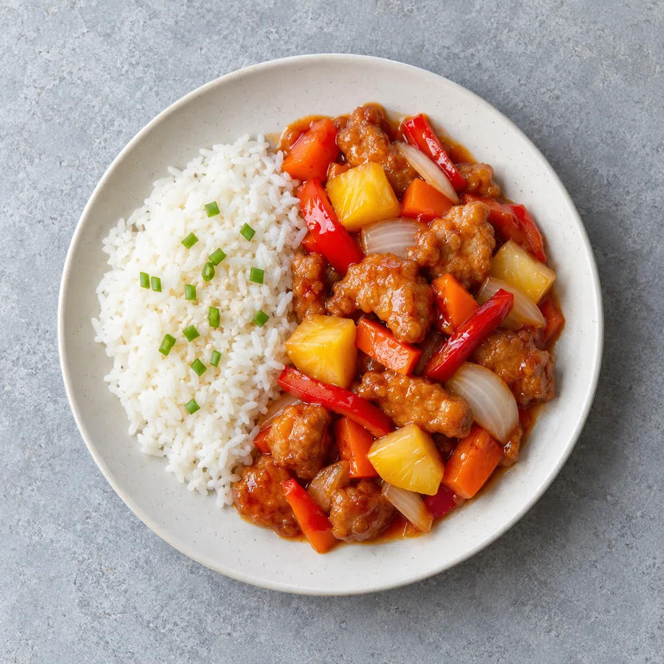 Porc aigre-doux aux légumes : riz blanc, porc nappé de sauce, poivron, carotte, oignon et ananas en morceaux.