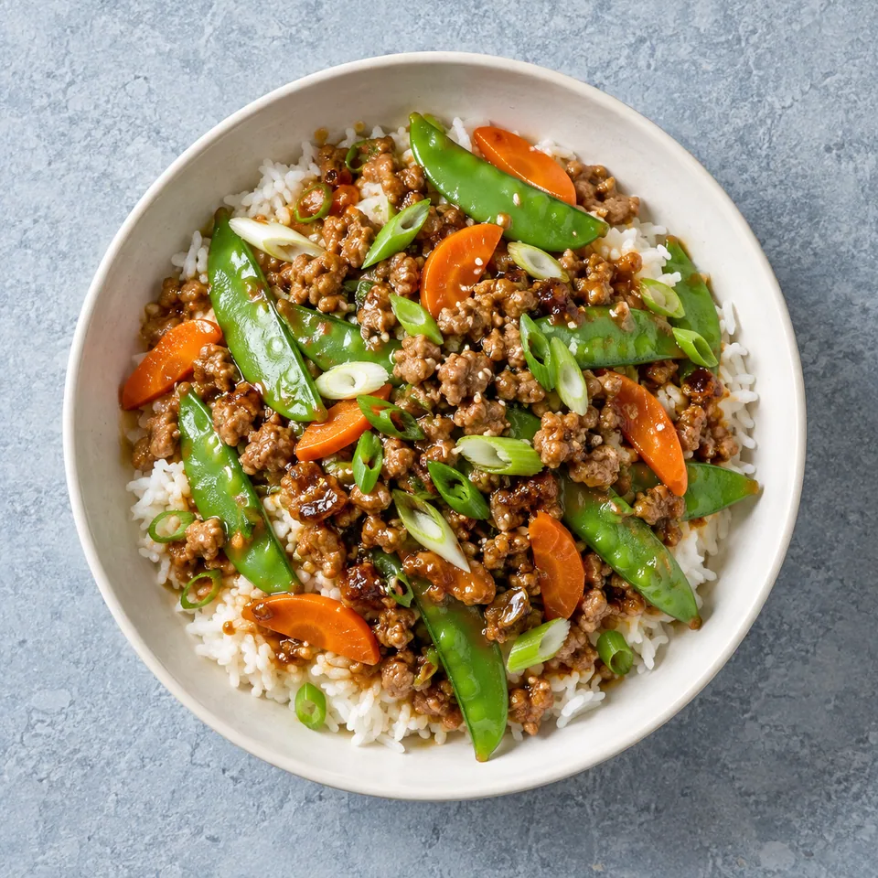 Bol de porc haché sauté aux pois gourmands et riz, avec carottes et oignons nouveaux.