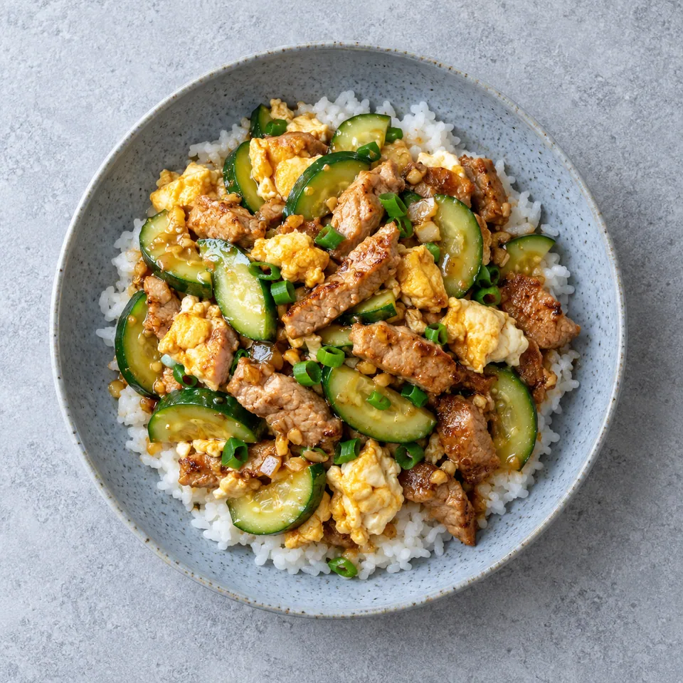 Porc sauté au concombre, œuf et riz servi sur une assiette creuse bleu-gris, avec riz, viande dorée et œufs brouillés.