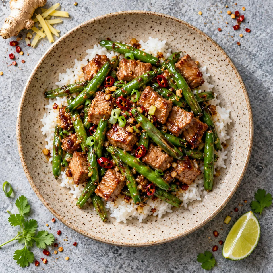 Porc sauté aux haricots verts façon sichuan servi sur riz, dans une assiette en grès beige.