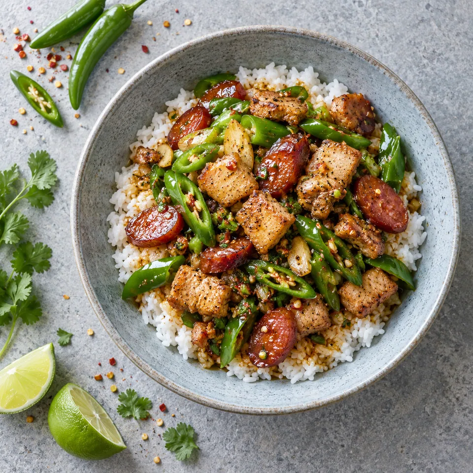 Porc sauté aux piments verts et riz express servi dans une assiette creuse bleu-gris, avec des morceaux de porc dorés et des piments verts.