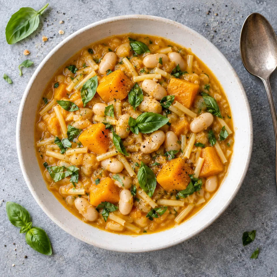 Portion de porotos con riendas à la courge : haricots blancs, dés de courge et pâtes dans une sauce crémeuse dorée, parsemée de basilic frais vert.
