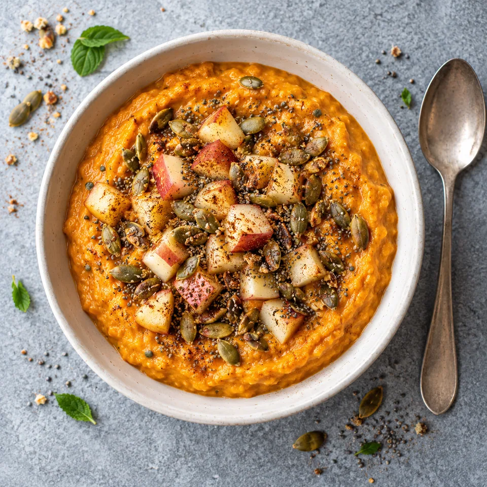 Bol de porridge de patate douce orange garni de dés de pomme et de graines de courge.