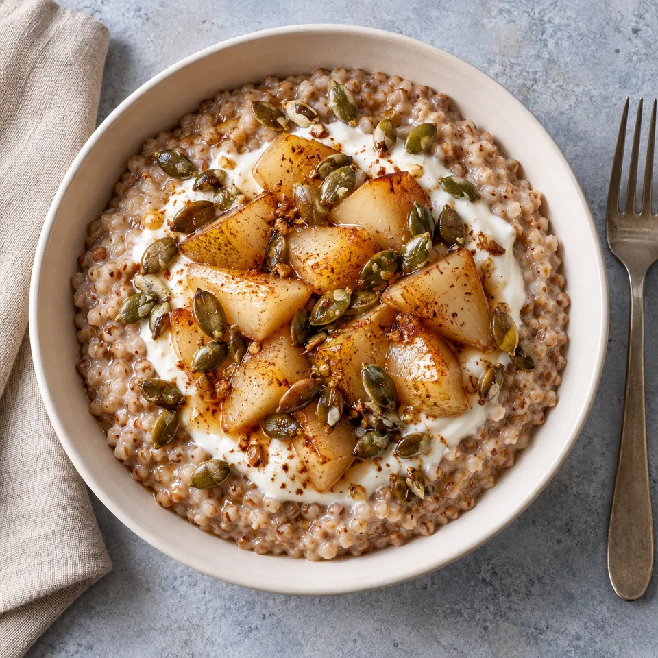 Porridge de sarrasin, poire rôtie et graines : bol blanc avec porridge crémeux, dés de poire dorés et graines croustillantes.