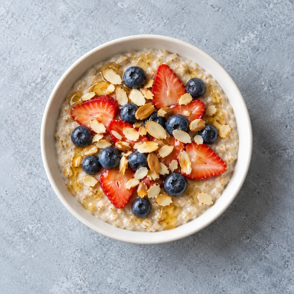 Porridge express aux fruits rouges dans un bol blanc, garni de fraises tranchées, myrtilles et amandes.