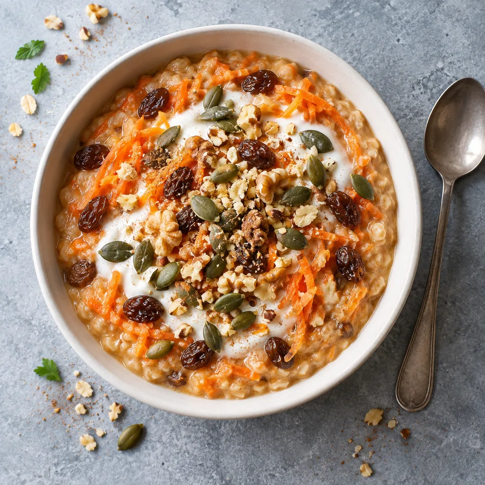 Bol de porridge carrot cake aux raisins : texture crémeuse orange, yaourt blanc et graines de courge vertes.