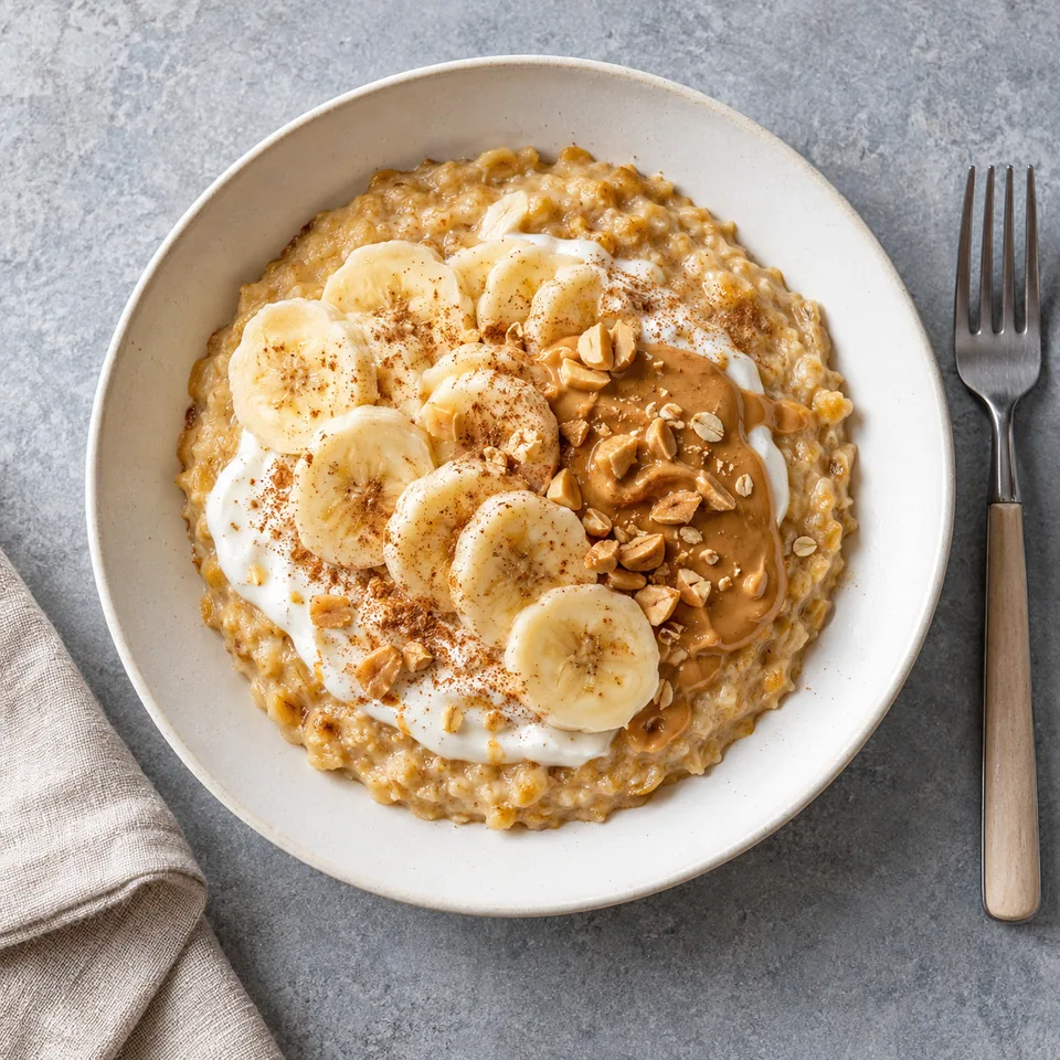 Porridge soufflé à l'œuf, banane et cannelle servi dans une assiette blanche avec skyr et rondelles de banane