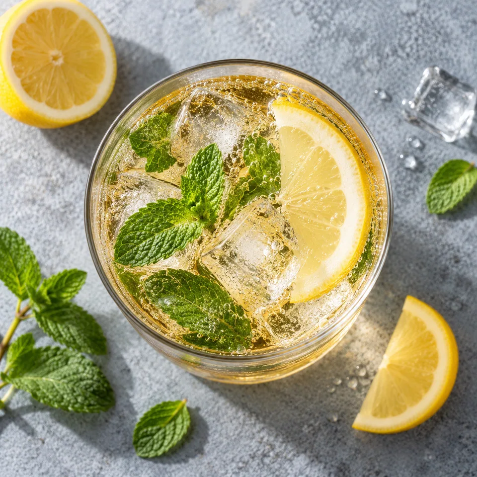 Porto tonic au citron et à la menthe dans un grand verre transparent avec glaçons, menthe et citron.