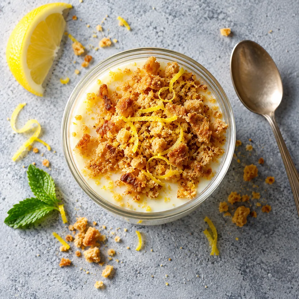 Posset au citron et crumble doré dans une verrine, crème blanche nappée de miettes dorées et zestes jaunes.
