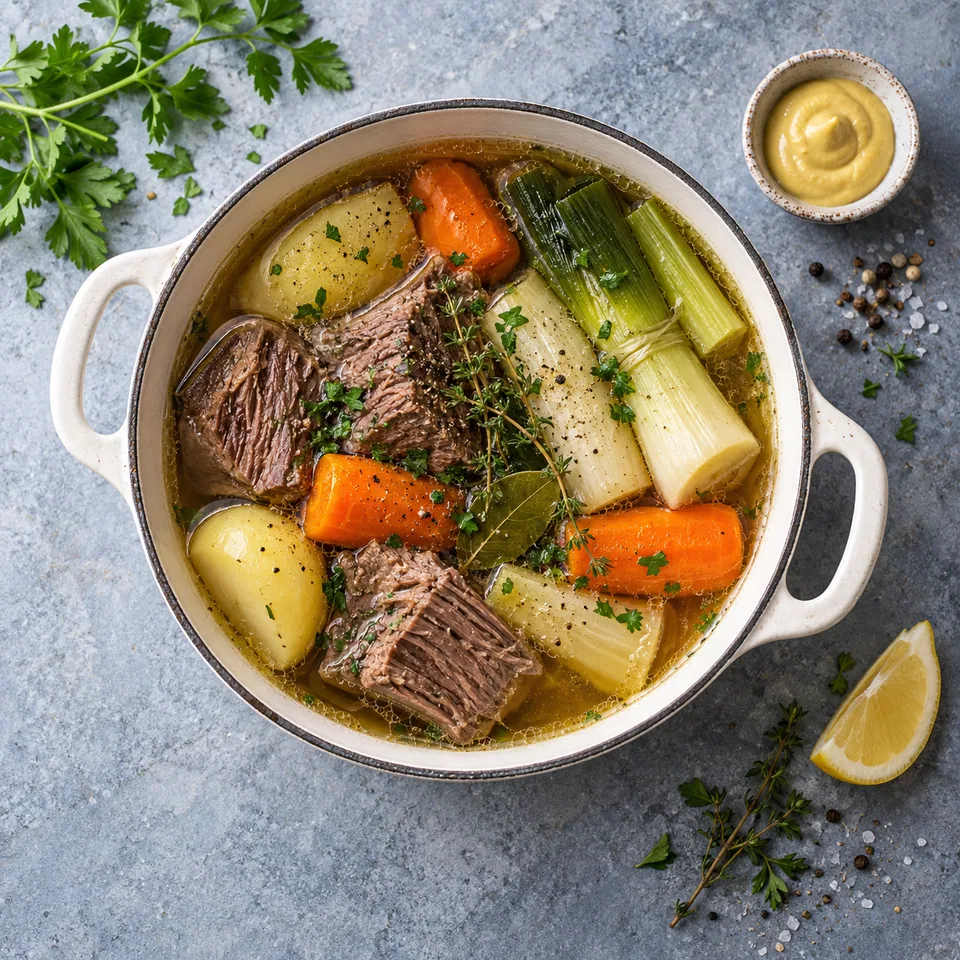 Pot-au-feu de bœuf aux légumes d’hiver dans une cocotte blanche, avec bouillon, viande et légumes colorés.
