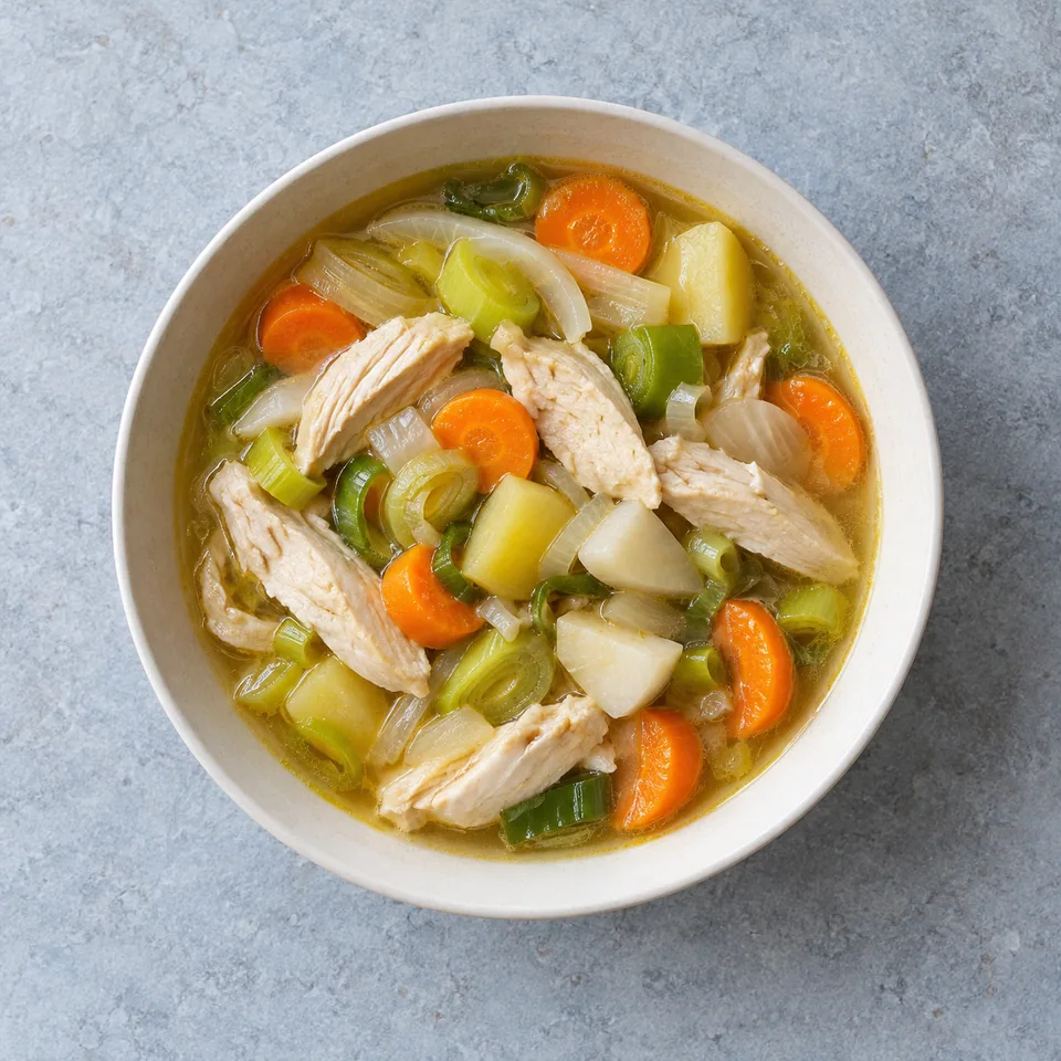 Pot-au-feu de poulet express : bol de bouillon doré, lanières de poulet et légumes émincés orange, blancs et verts.