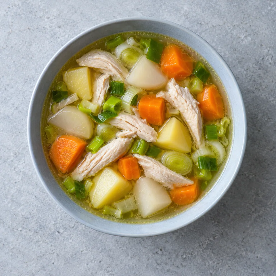 Pot-au-feu rapide de poulet : bol de bouillon clair avec lanières de poulet et légumes en morceaux.