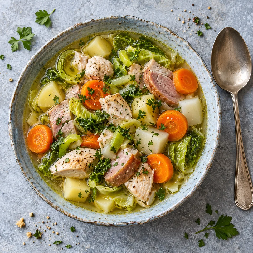 Potée au porc, poulet et légumes d’hiver dans un bol en grès bleu-gris, avec bouillon, viandes et légumes fondants.