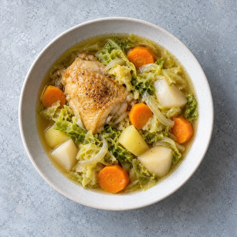 Potée de poulet au chou et aux légumes : poulet doré, chou fondant, carottes en rondelles, navets et pommes de terre dans du bouillon.