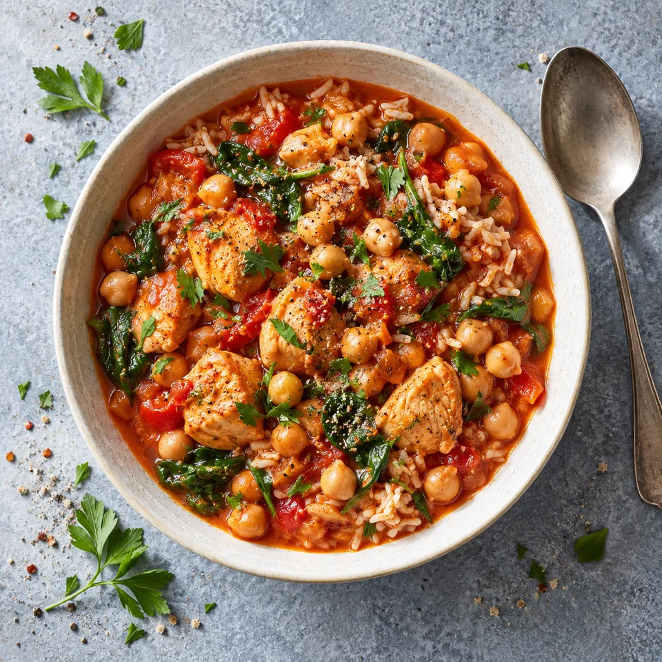 Potée espagnole de pois chiches et poulet dans un grand bol crème, avec poulet doré, tomates et épinards.