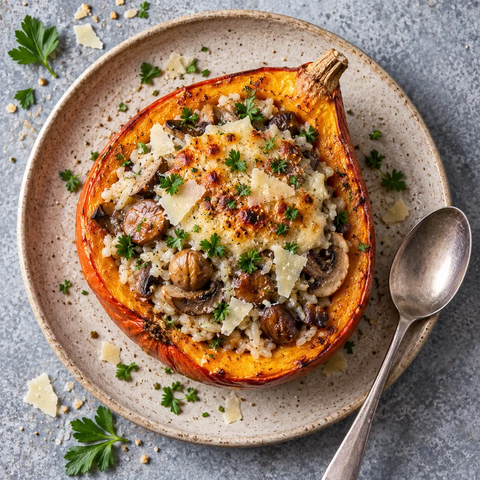 Demi-potimarron farci au riz et châtaignes, gratiné doré, sur assiette grès beige.