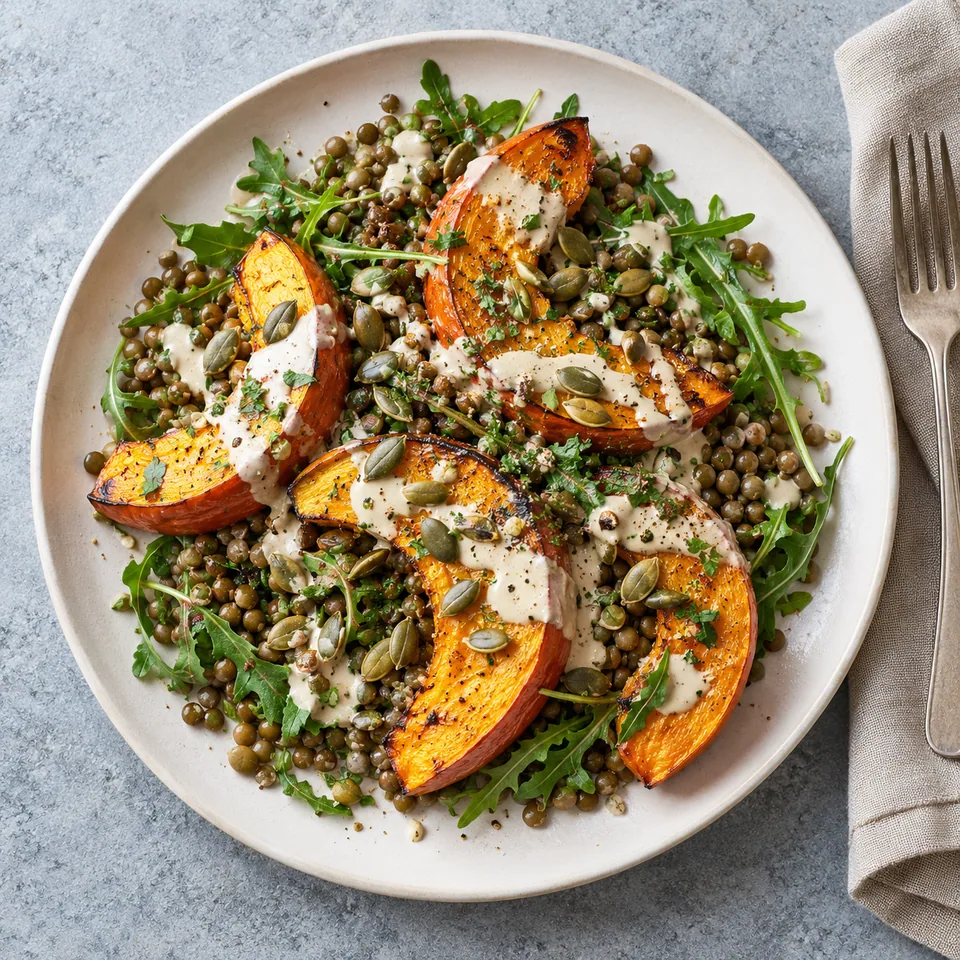 Assiette de potimarron rôti, lentilles et sauce tahini : quartiers dorés, lentilles vertes, roquette et graines de courge.