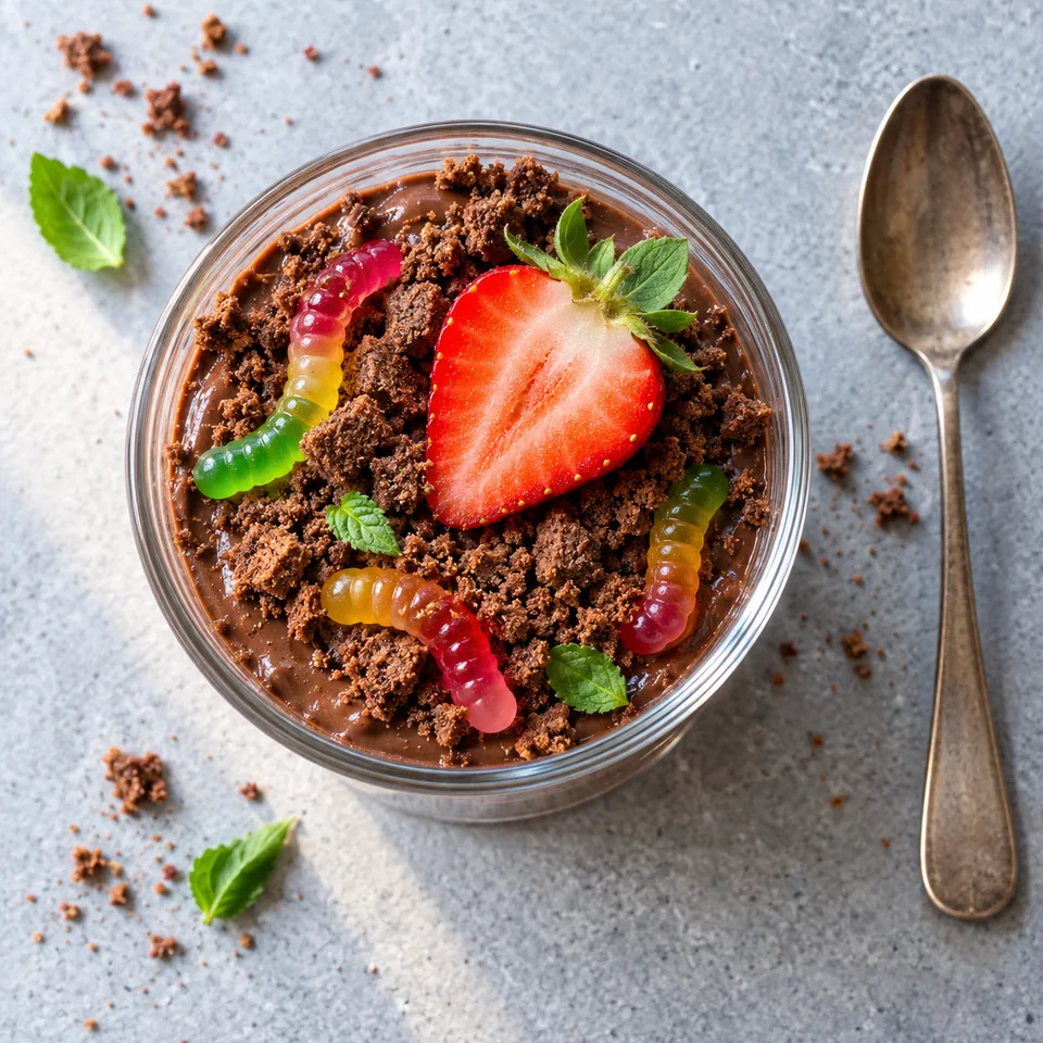 Pots de terre au chocolat et petits vers : crème chocolatée, miettes de biscuits, vers en bonbons et fraise rouge dans une verrine.